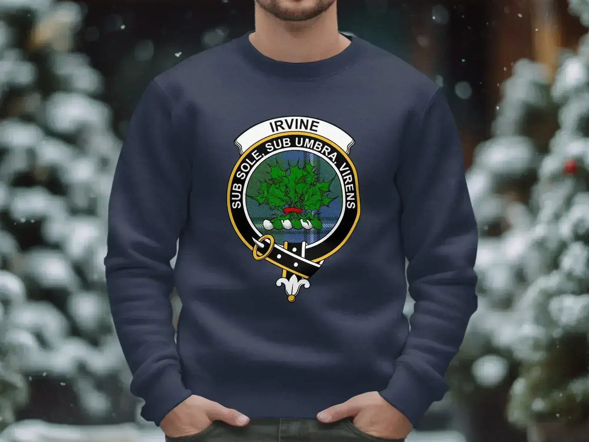 Clan Irvine crest sweatshirt — royal blue crewneck, printed tartan design
