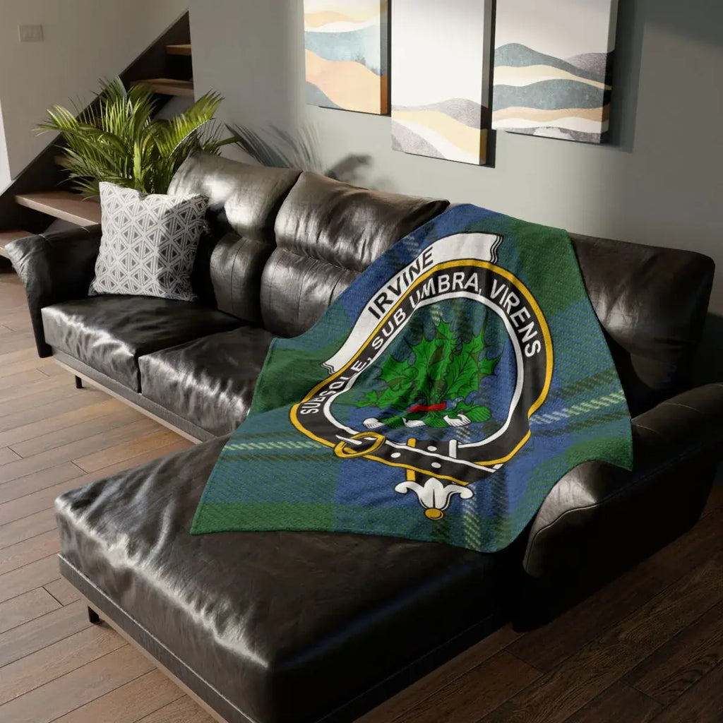 Clan Irvine tartan throw blanket — 50x60 inch with Sub Sole Sub Umbra Virens crest design, polyester