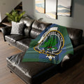 Clan Irvine tartan throw blanket — 50x60 inch with Sub Sole Sub Umbra Virens crest design, polyester