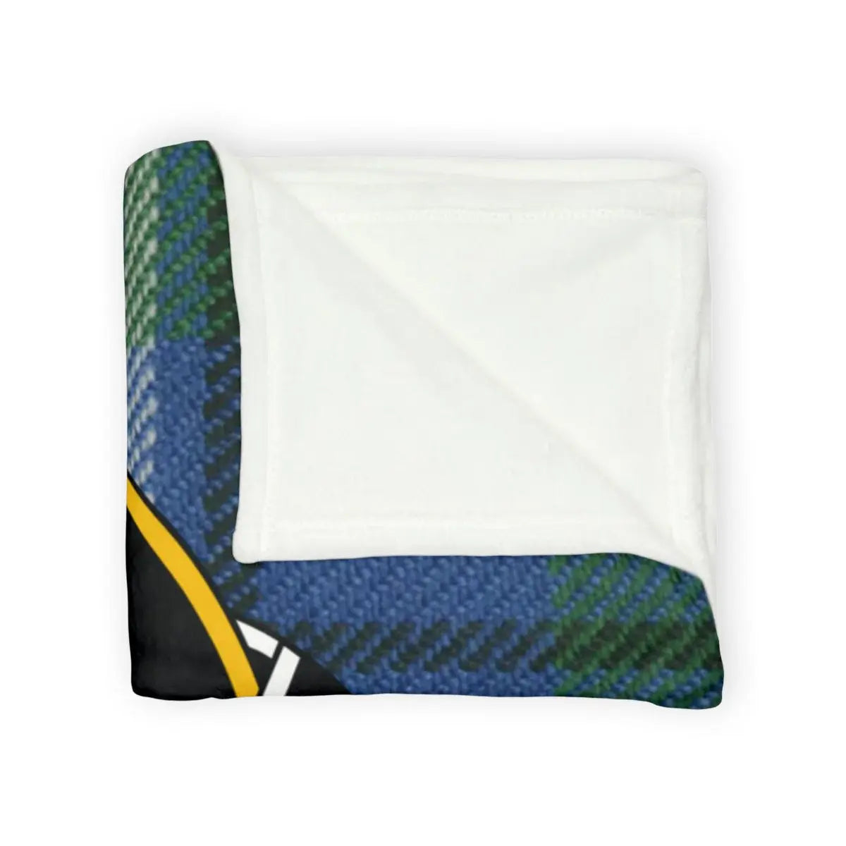 Clan Irvine tartan throw — lightweight polyester, white reverse, sofa display
