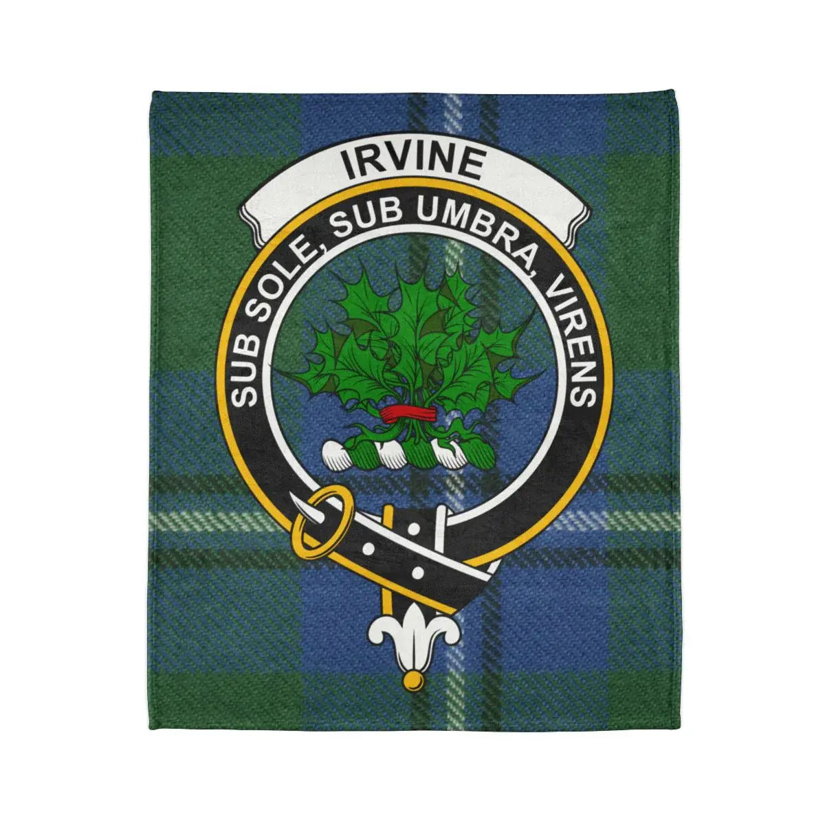 Clan Irvine crest throw blanket — folded view showing tartan pattern and Sub Sole Sub Umbra Virens motto