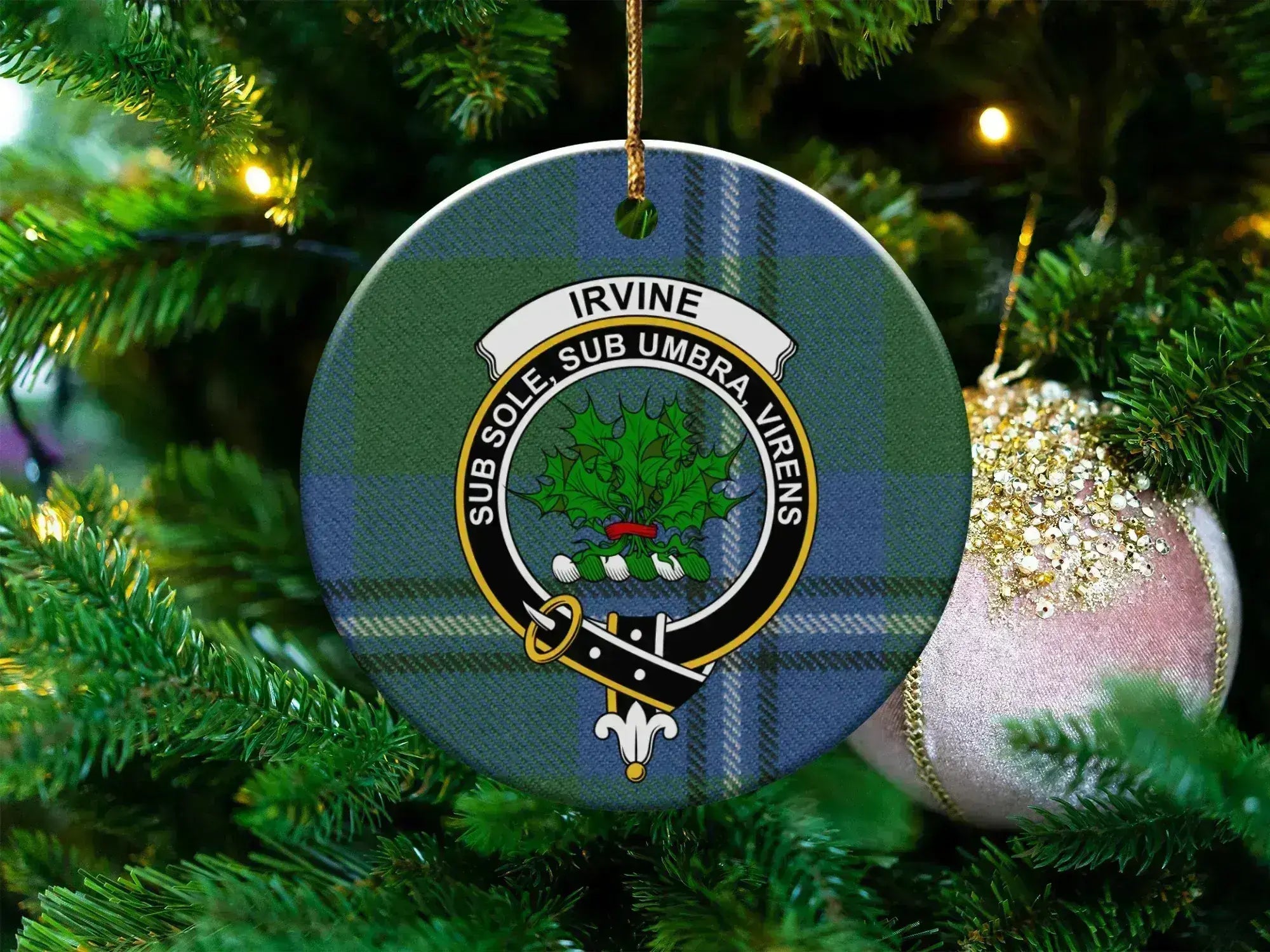 Clan Irvine tartan crest ceramic ornament — 3 inch round, double-sided UV print with gold hanging string