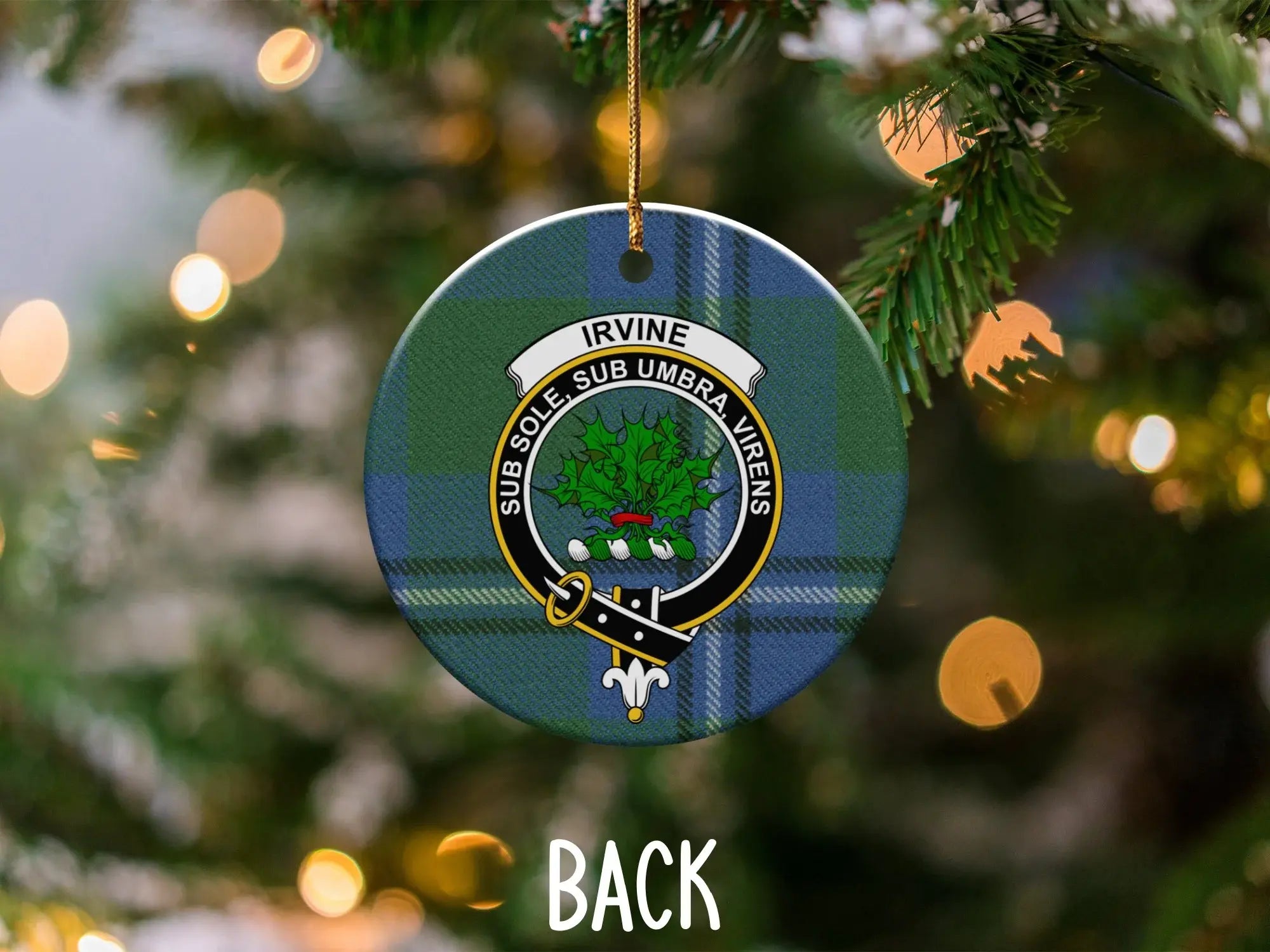 Clan Irvine ornament — front face showing crest and Sub Sole Sub Umbra Virens motto on tartan