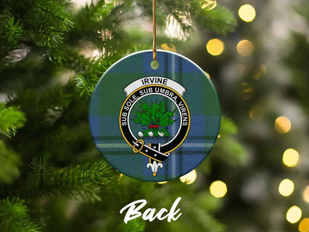 Clan Irvine tartan crest ornament — hanging on Christmas tree, ceramic double-sided print