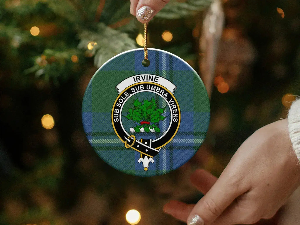 Clan Irvine ceramic ornament — reverse side showing tartan design, pre-drilled hole and gold string