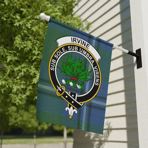 Clan Irvine tartan garden flag — Sub Sole Sub Umbra Virens crest design, 12x18 inch outdoor display