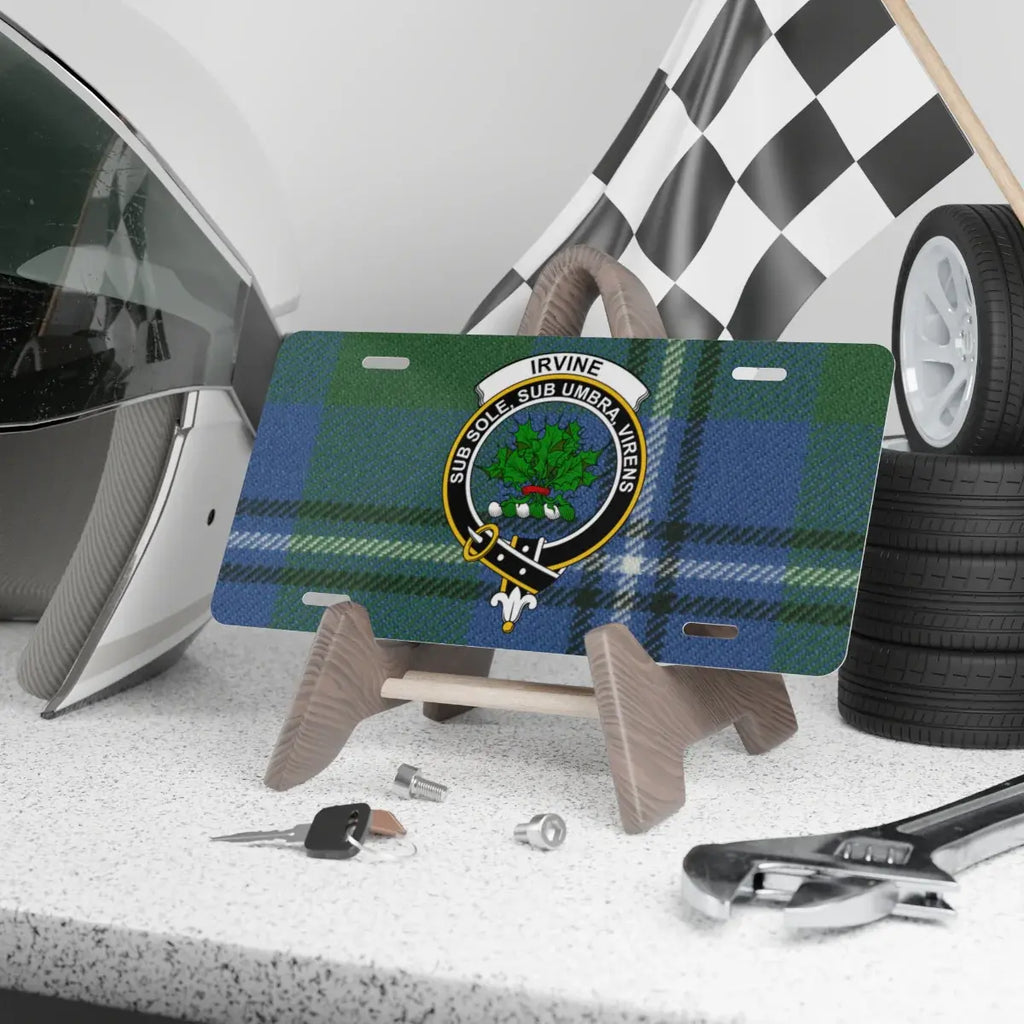 Clan Irvine tartan crest novelty license plate — full colour Sub Sole Sub Umbra Virens design, 12x6 inch aluminium