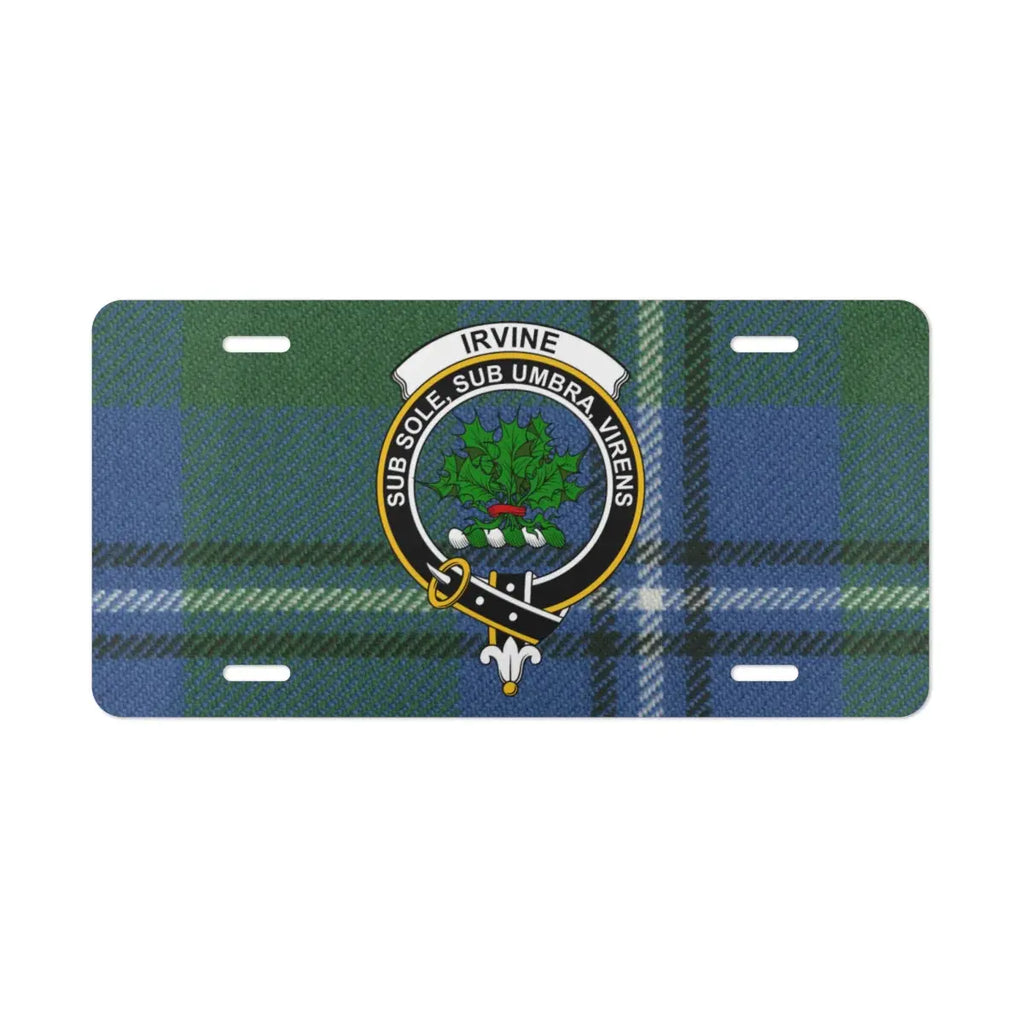 Clan Irvine tartan crest novelty plate — standard 12x6 inch size shown on vehicle display