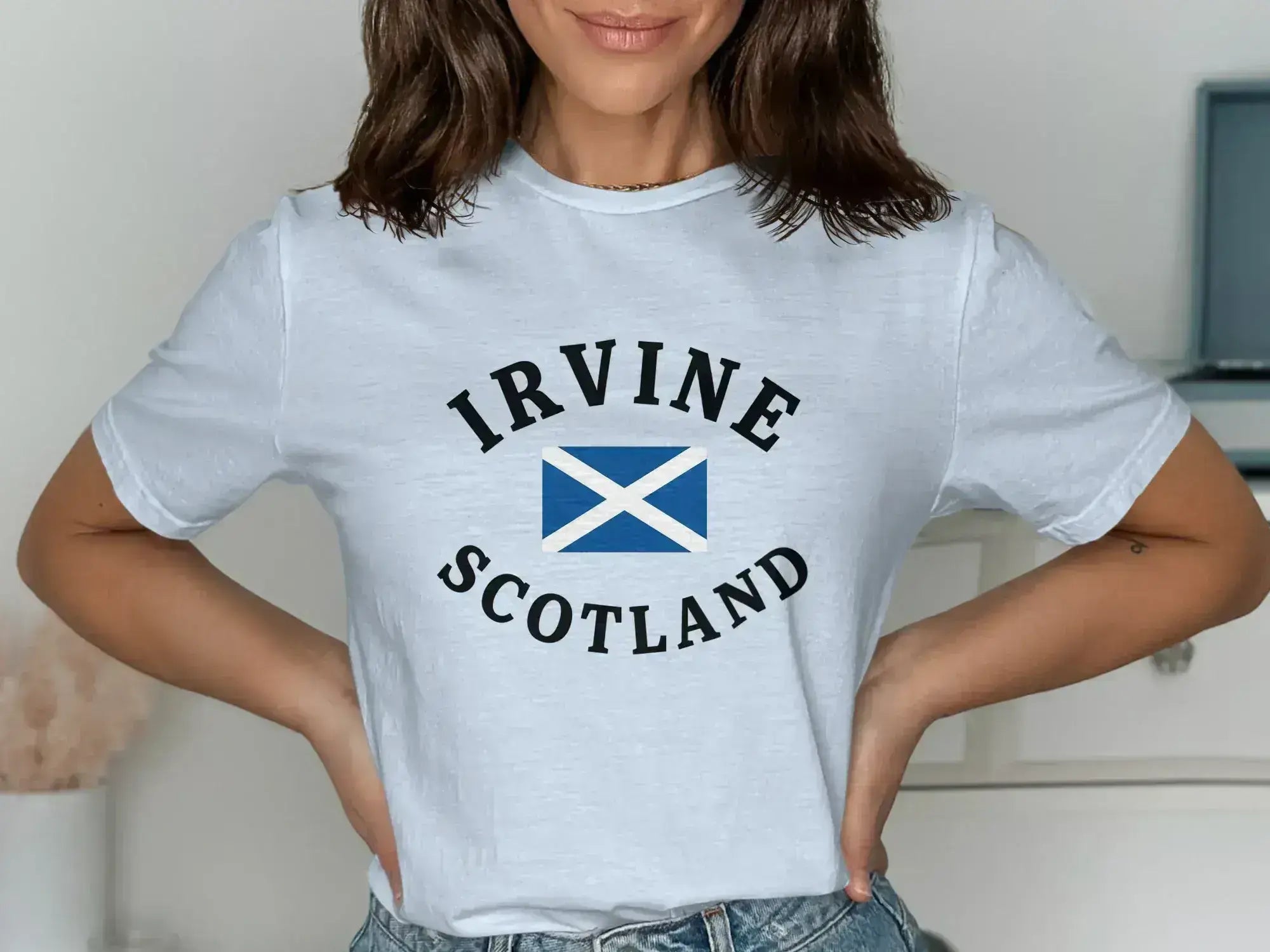 Irvine Scotland flag t-shirt — white, front view showing graphic print and tear-away label