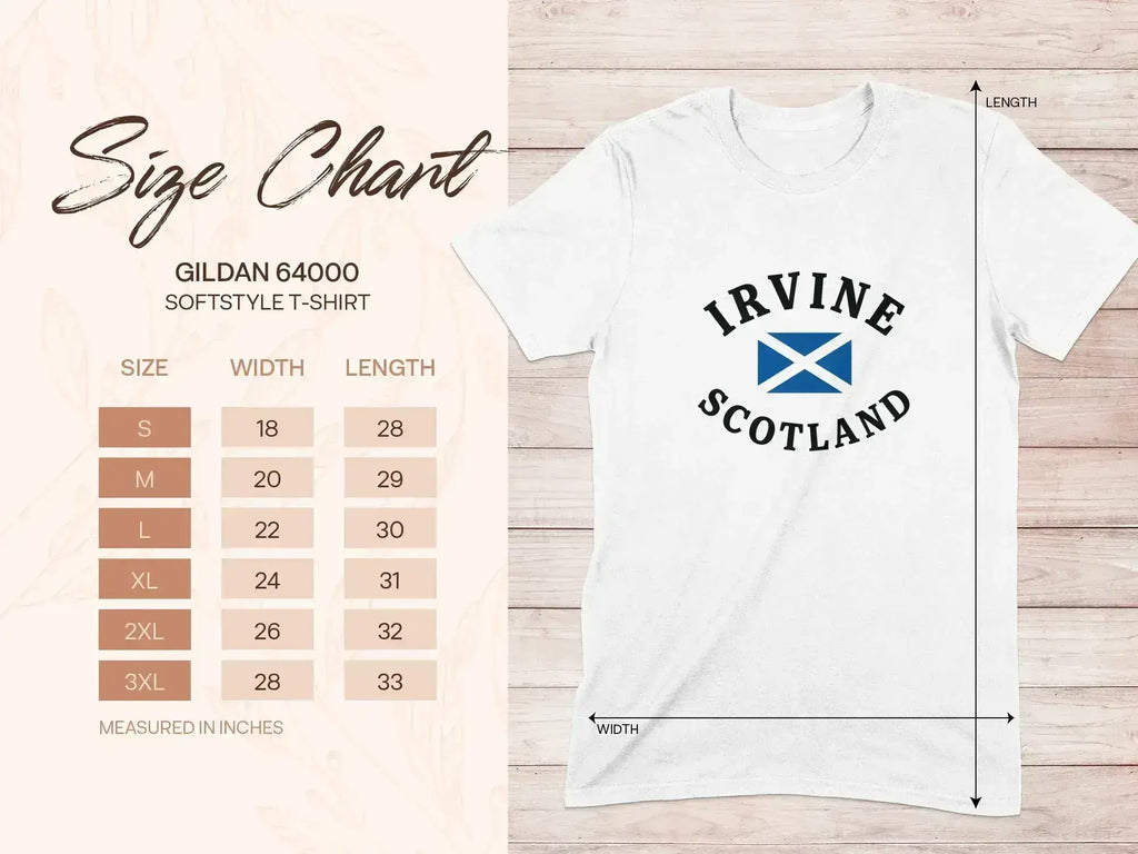 Irvine Scotland flag t-shirt — size guide and colour options shown, light blue, white, sand
