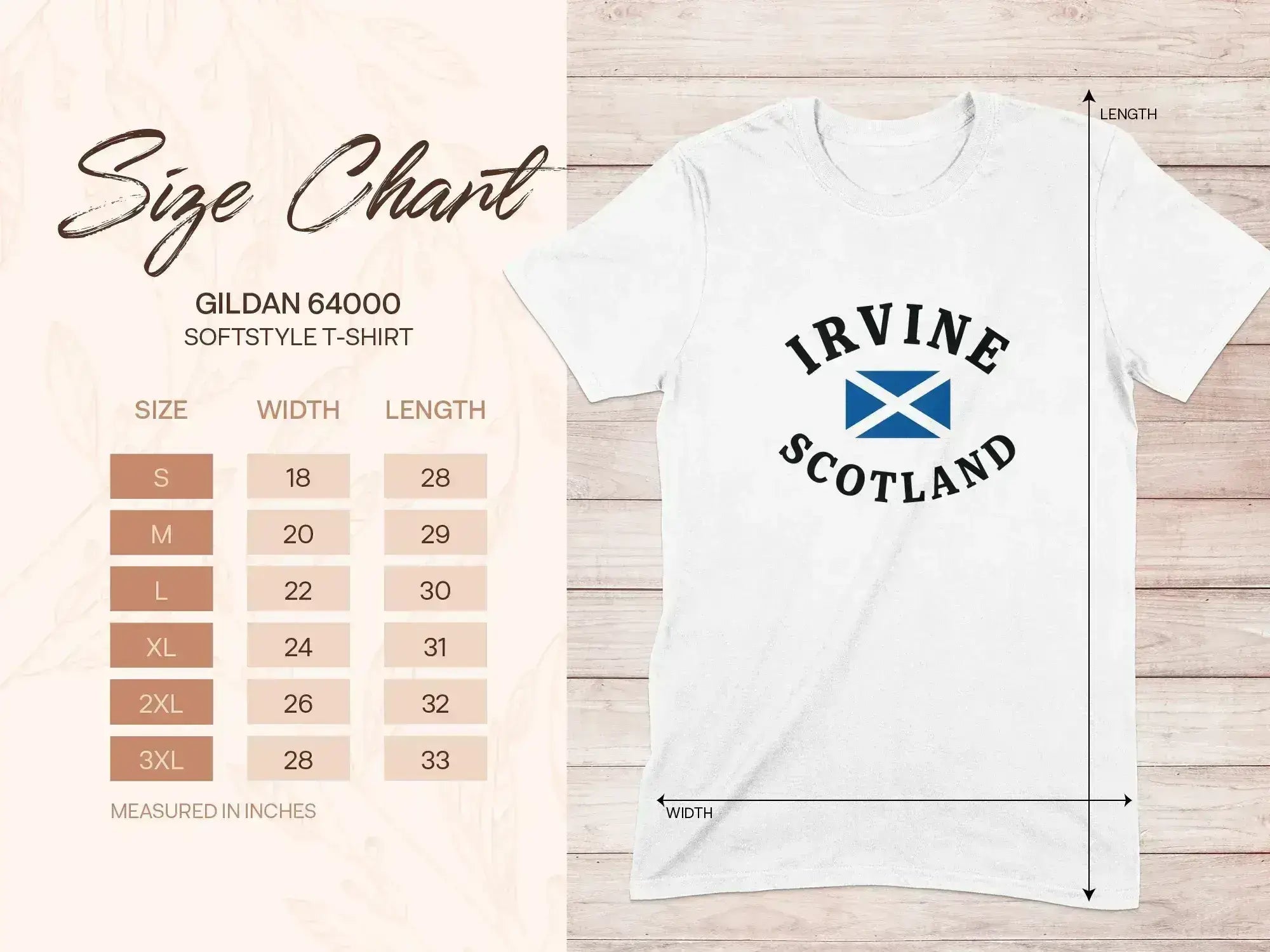 Irvine Scotland flag t-shirt — size guide and colour options shown, light blue, white, sand