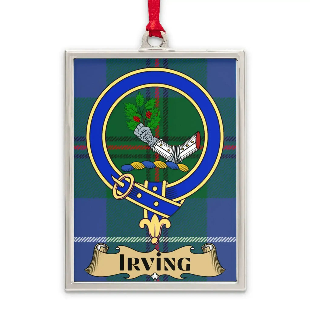Irving tartan-background crest ornament shown as a Scottish heritage keepsake gift