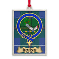 Irving tartan-background crest ornament shown as a Scottish heritage keepsake gift