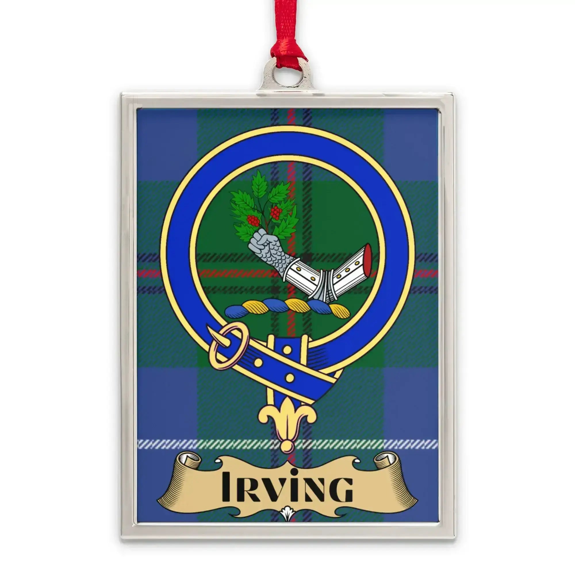 Irving tartan-background crest ornament shown as a Scottish heritage keepsake gift