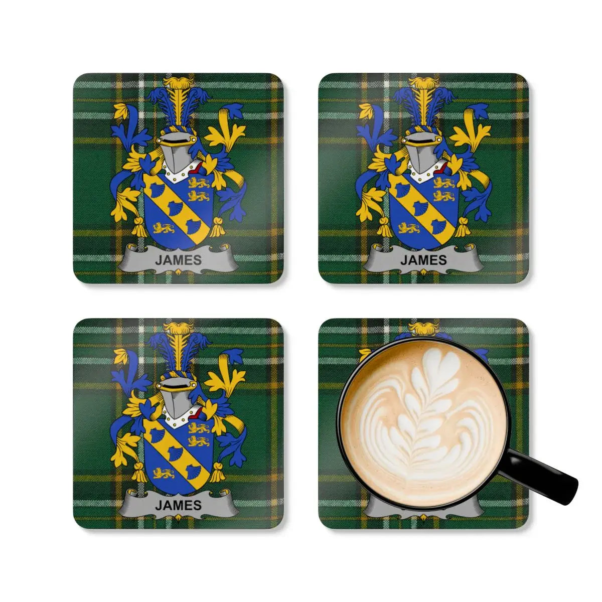 Personalized Family Crest Plaid Design Coaster Set product