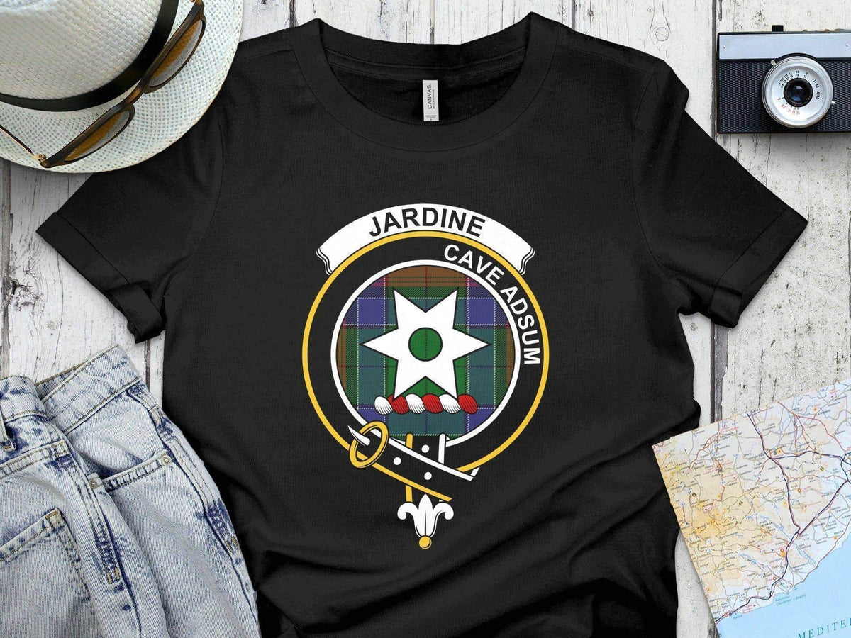 Clan Jardine tartan crest t-shirt — navy short sleeve with Cave Adsum motto design