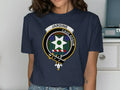 Clan Jardine crest t-shirt — royal blue with tartan and Cave Adsum emblem print