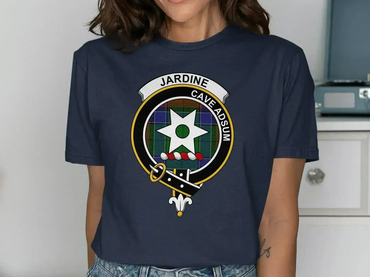 Clan Jardine crest t-shirt — royal blue with tartan and Cave Adsum emblem print