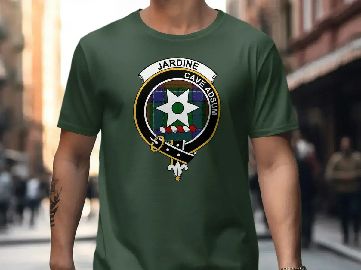 Clan Jardine tartan crest tee — black short sleeve, shield emblem design