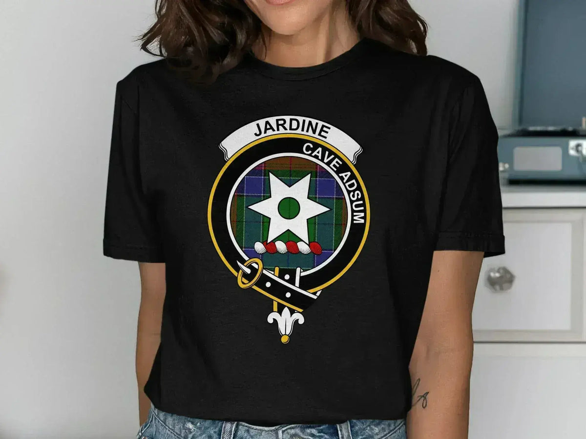 Clan Jardine crest t-shirt — forest green, Cave Adsum motto printed with tartan design