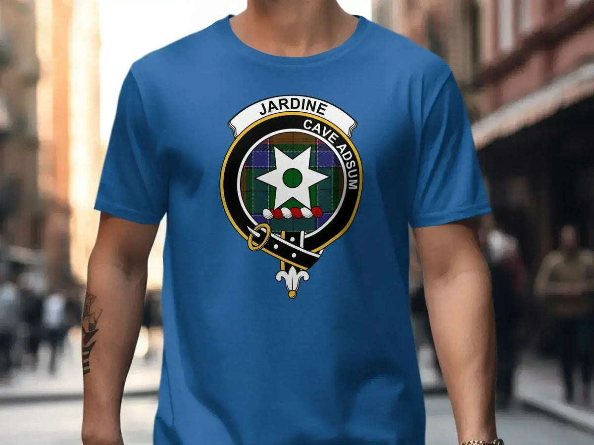 Clan Jardine tartan t-shirt — front view showing full crest and motto, unisex fit