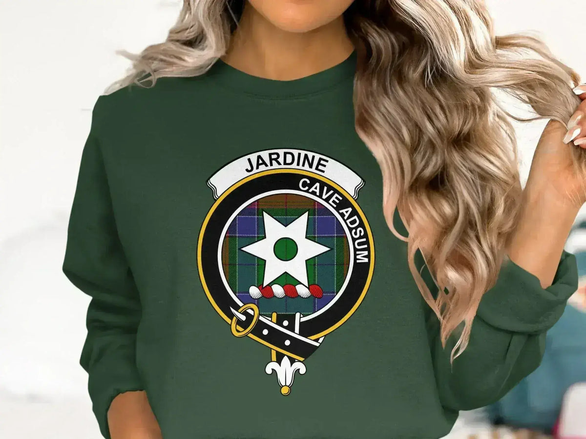 Clan Jardine tartan crest sweatshirt — navy crewneck with Cave Adsum motto