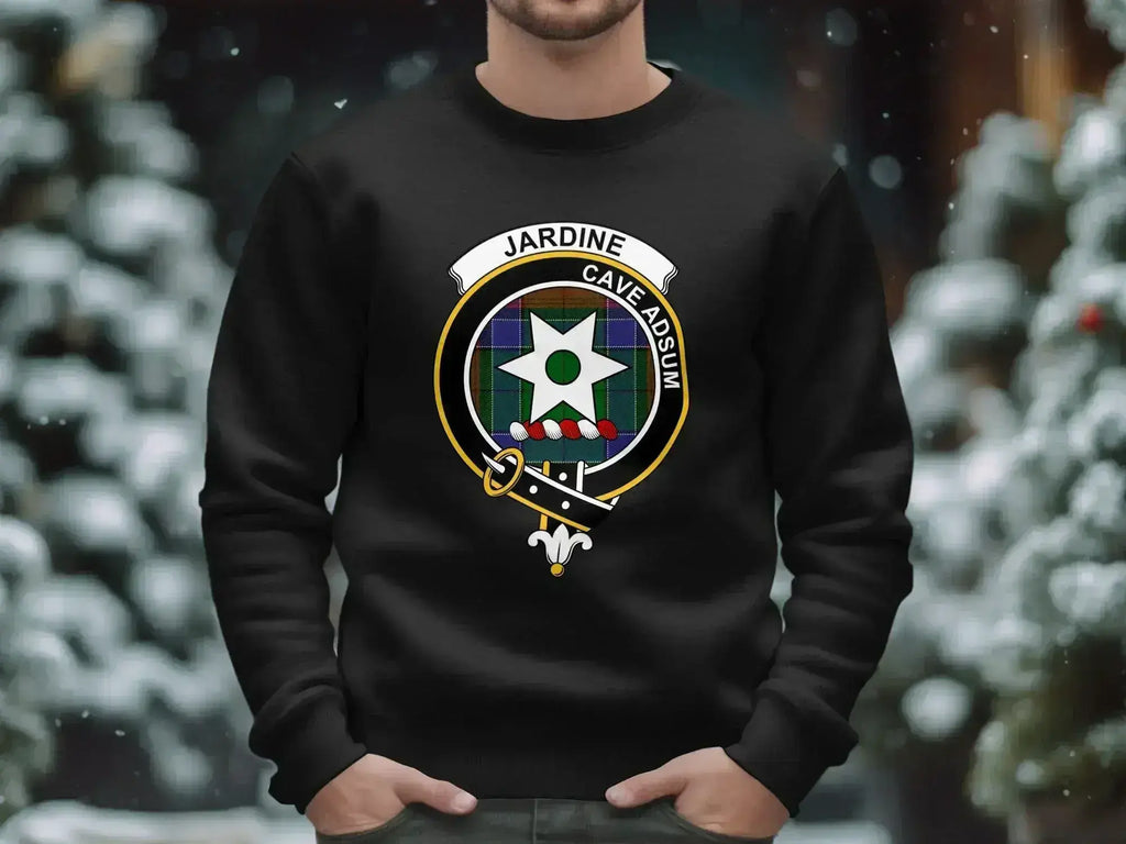 Clan Jardine crest sweatshirt — black crewneck with tartan and shield emblem print