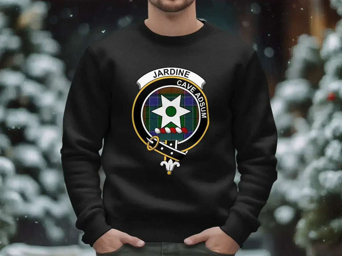Clan Jardine crest sweatshirt — black crewneck with tartan and shield emblem print