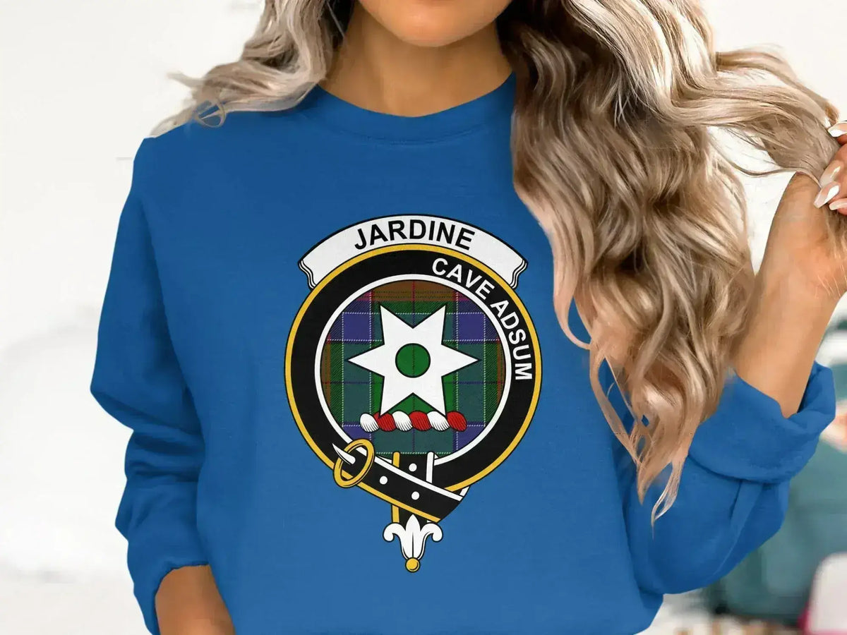 Clan Jardine tartan sweatshirt — royal blue crewneck with Cave Adsum crest design