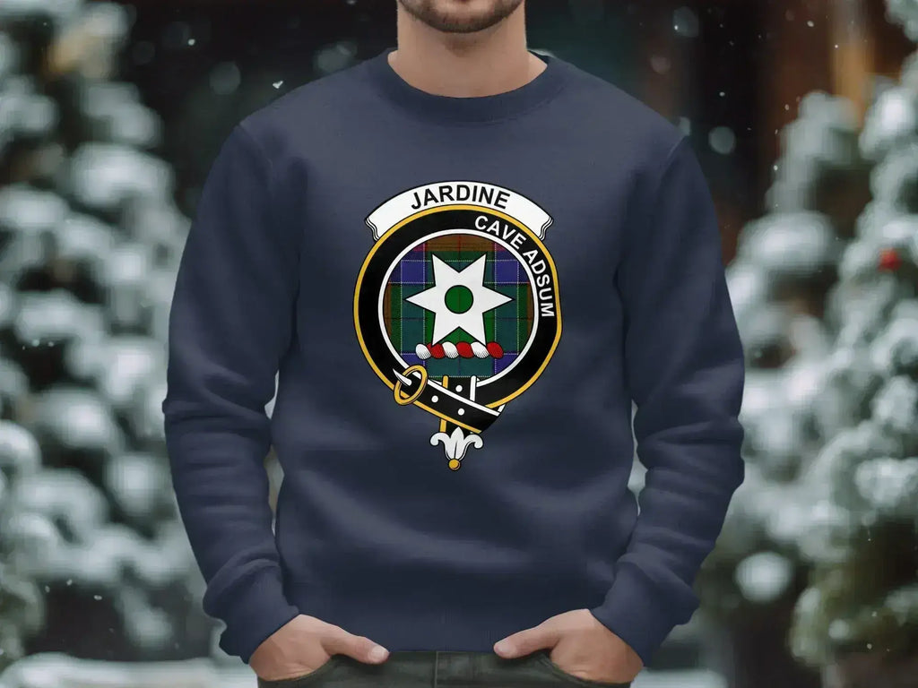 Clan Jardine crest sweatshirt — forest green crewneck with tartan and clan emblem