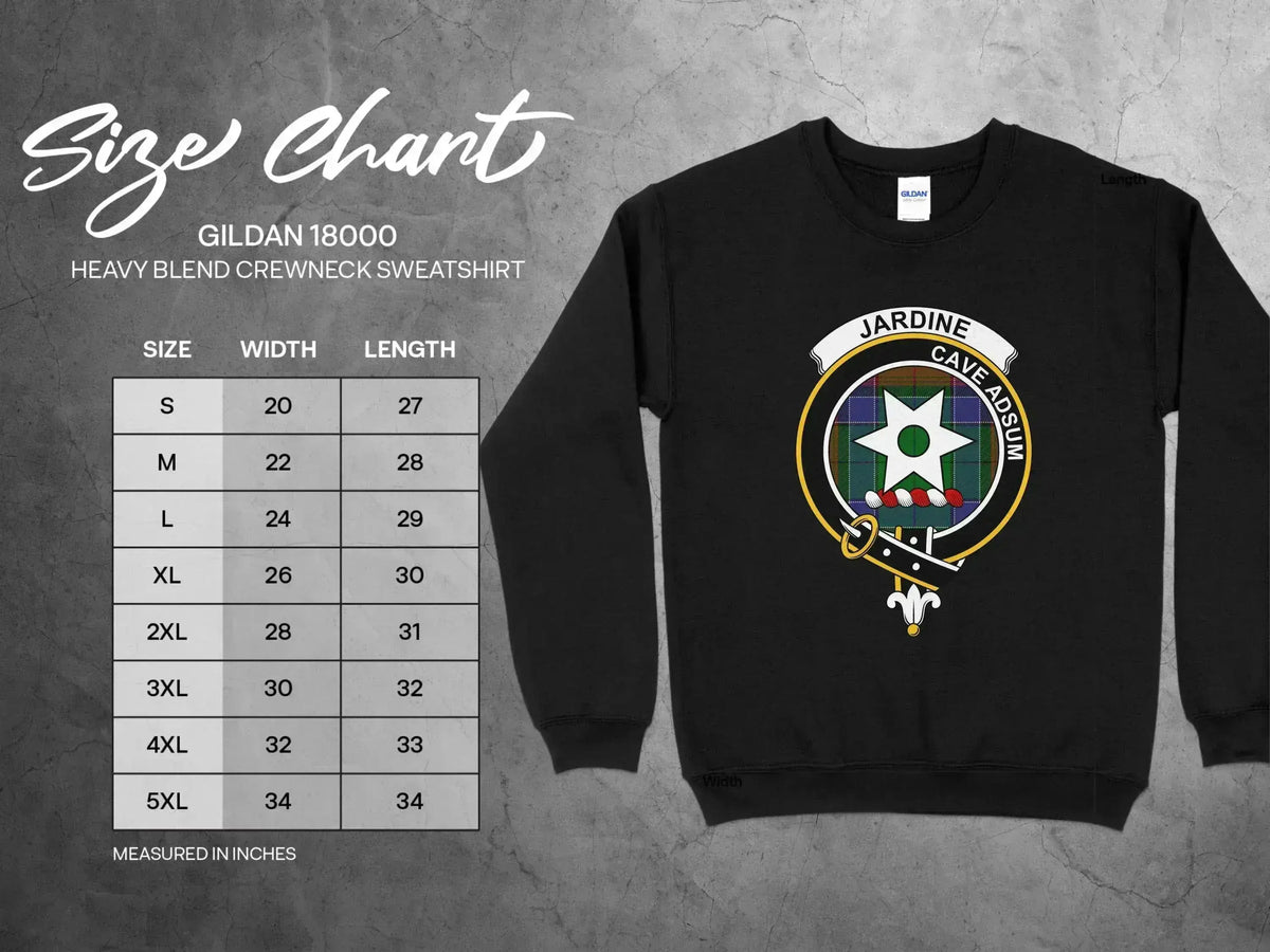 Clan Jardine tartan sweatshirt — colour and size options shown, S through 3XL