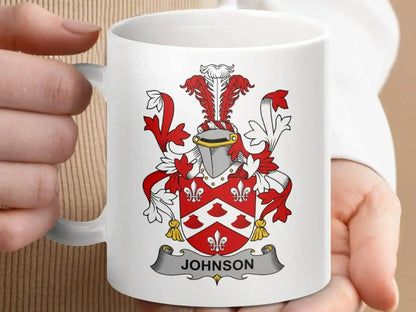 Johnson Surname Irish Family Crest Heraldry Graphic Mug - Celtic Ancestry Gifts