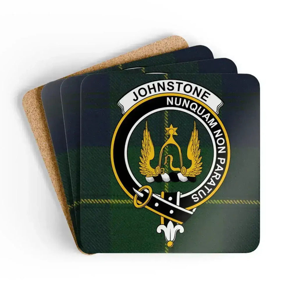 Johnstone clan crest tartan coaster set of 4 — natural cork squares with sealed Nunquam Non Paratus design