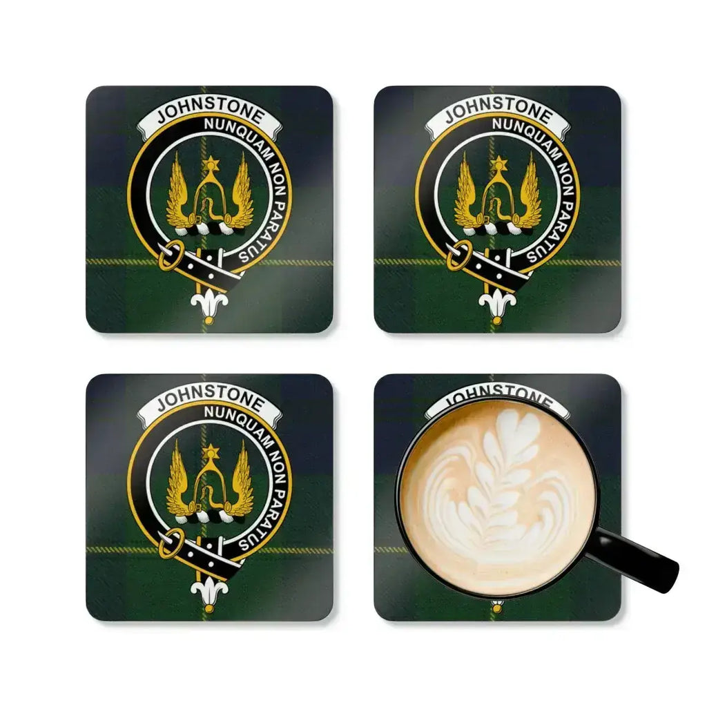 Johnstone Nunquam Non Paratus family crest coaster set — four cork coasters with clan heraldic design