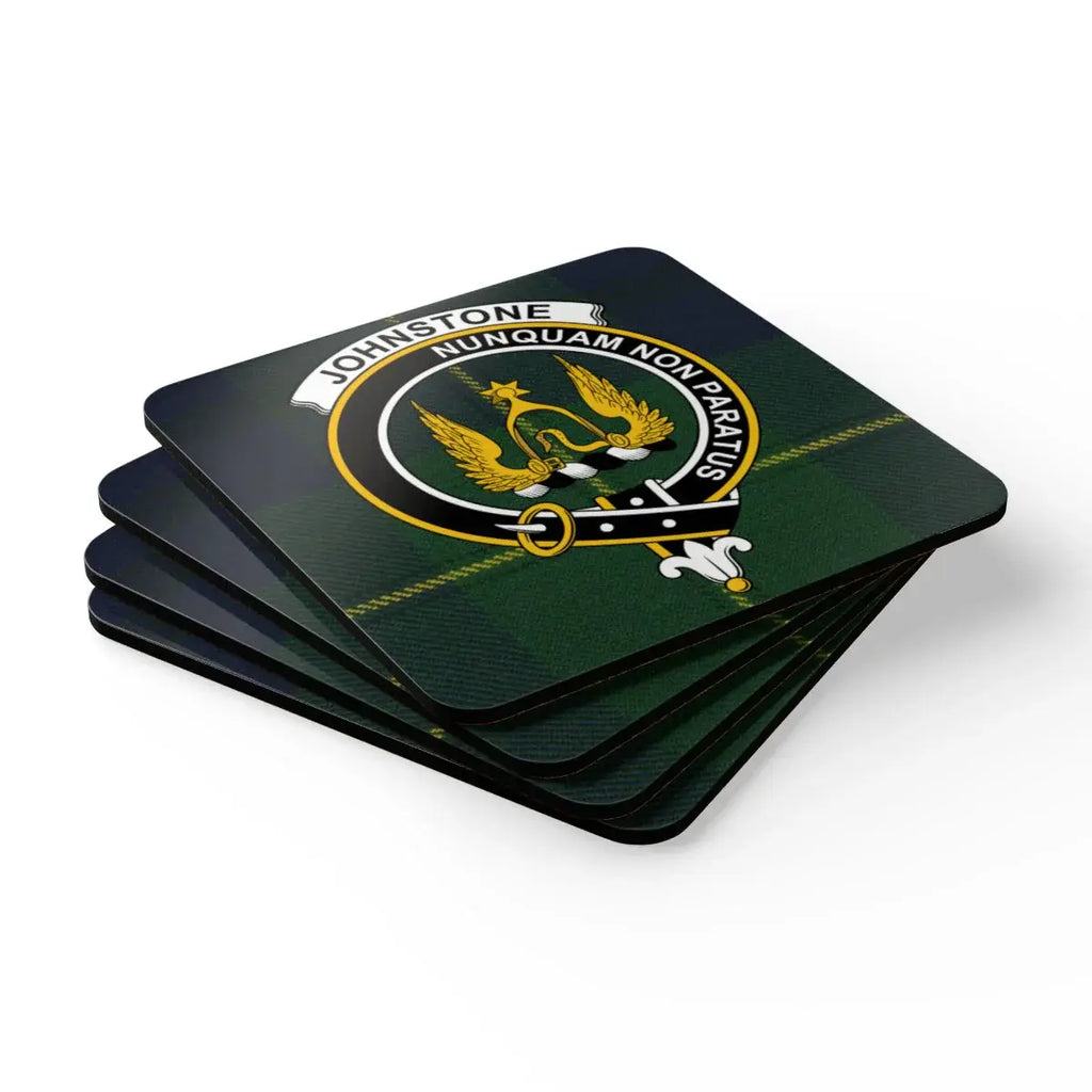 Johnstone tartan crest design square drink coasters — natural cork base, glossy sealed print