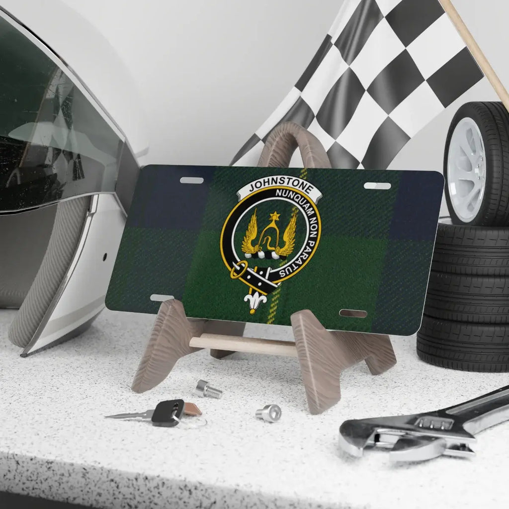 Johnstone clan crest tartan novelty license plate — 12x6 aluminium with Nunquam Non Paratus heraldic design
