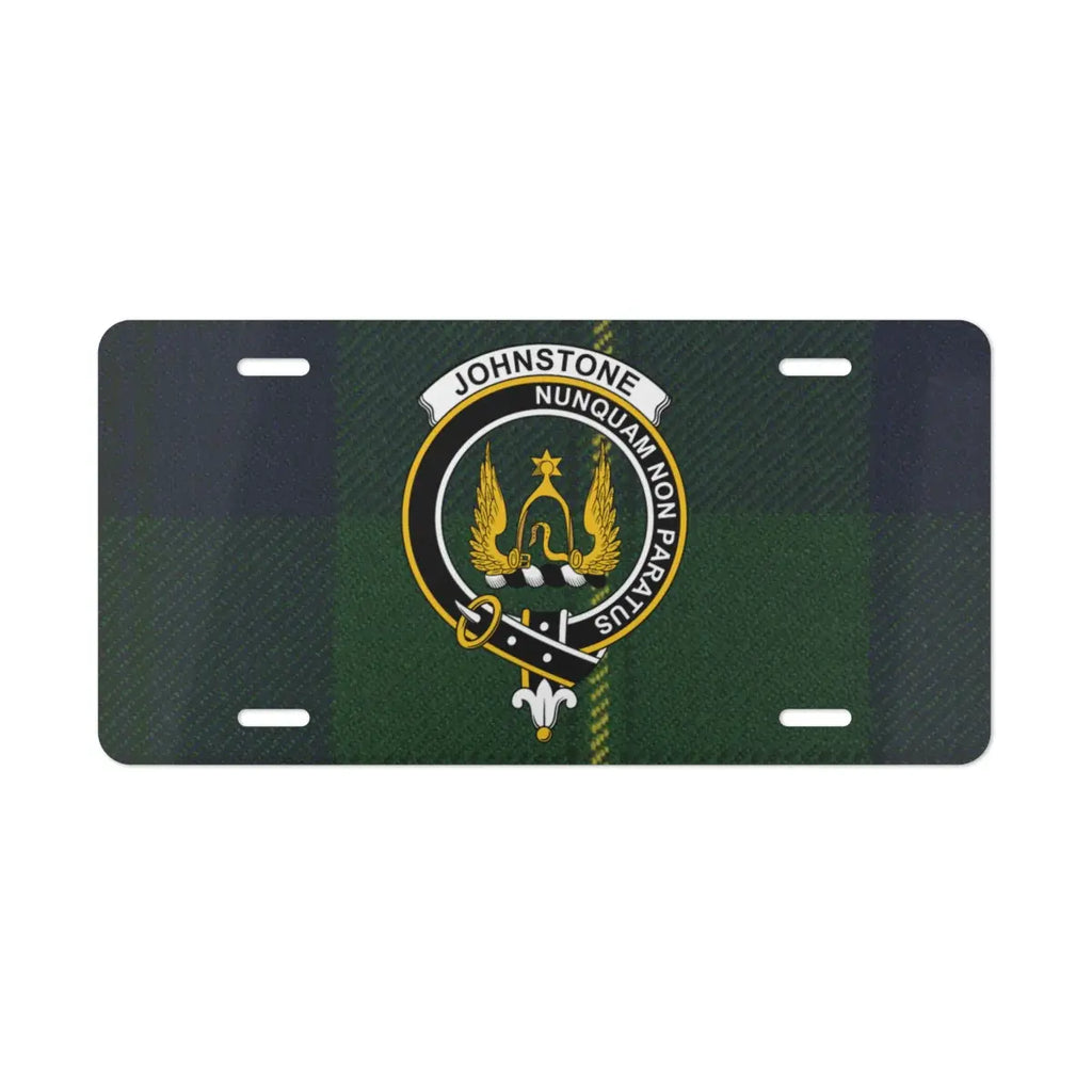 Johnstone clan crest Scottish family license plate — Never Unprepared design on aluminium