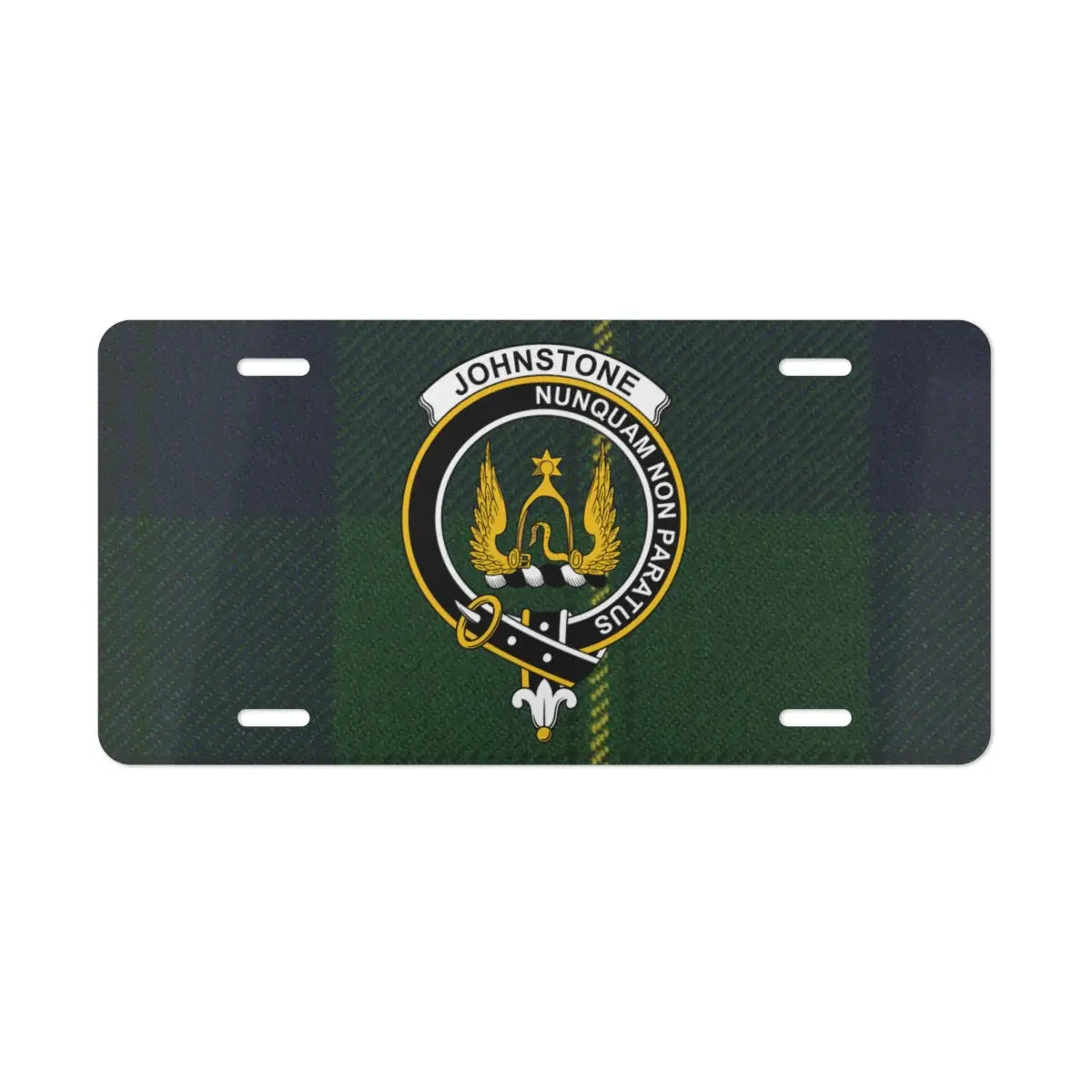 Johnstone clan crest Scottish family license plate — Never Unprepared design on aluminium