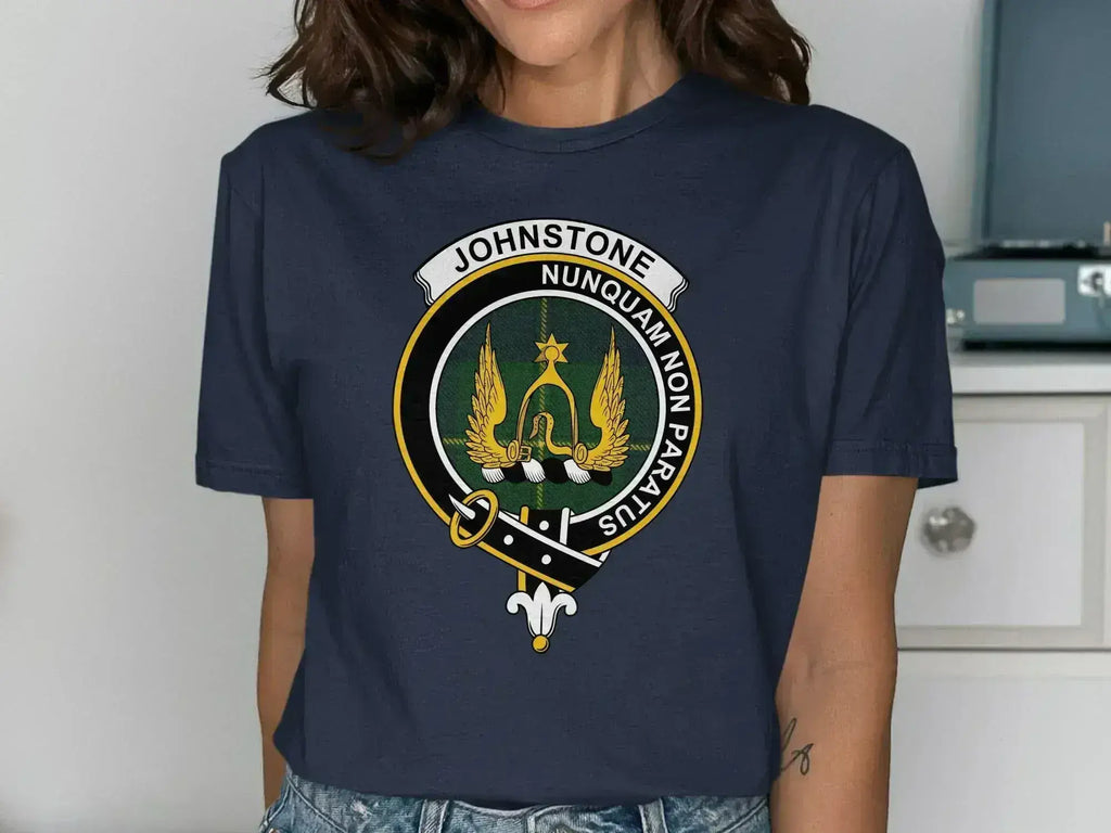 Johnstone Nunquam Non Paratus design t-shirt — clan crest on chest, unisex cotton fit