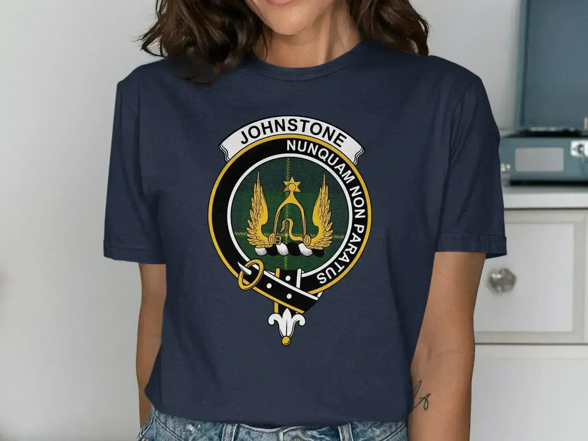 Johnstone Nunquam Non Paratus design t-shirt — clan crest on chest, unisex cotton fit