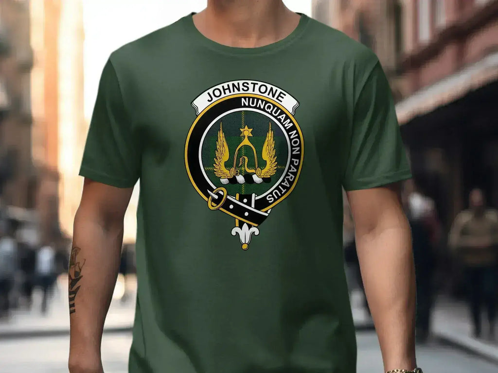 Johnstone Nunquam Non Paratus Scottish crest t-shirt — Never Unprepared heraldic design on cotton