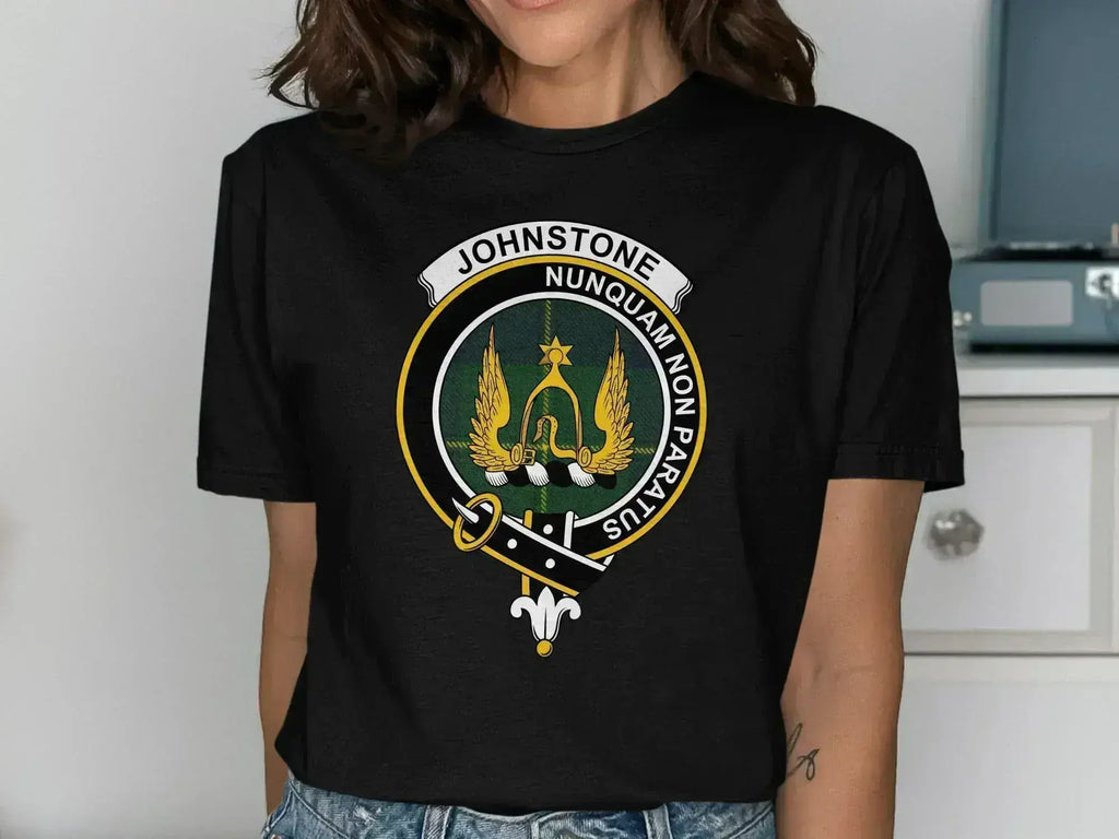 Johnstone Nunquam Non Paratus crest shirt — clan heraldic design on 100% cotton