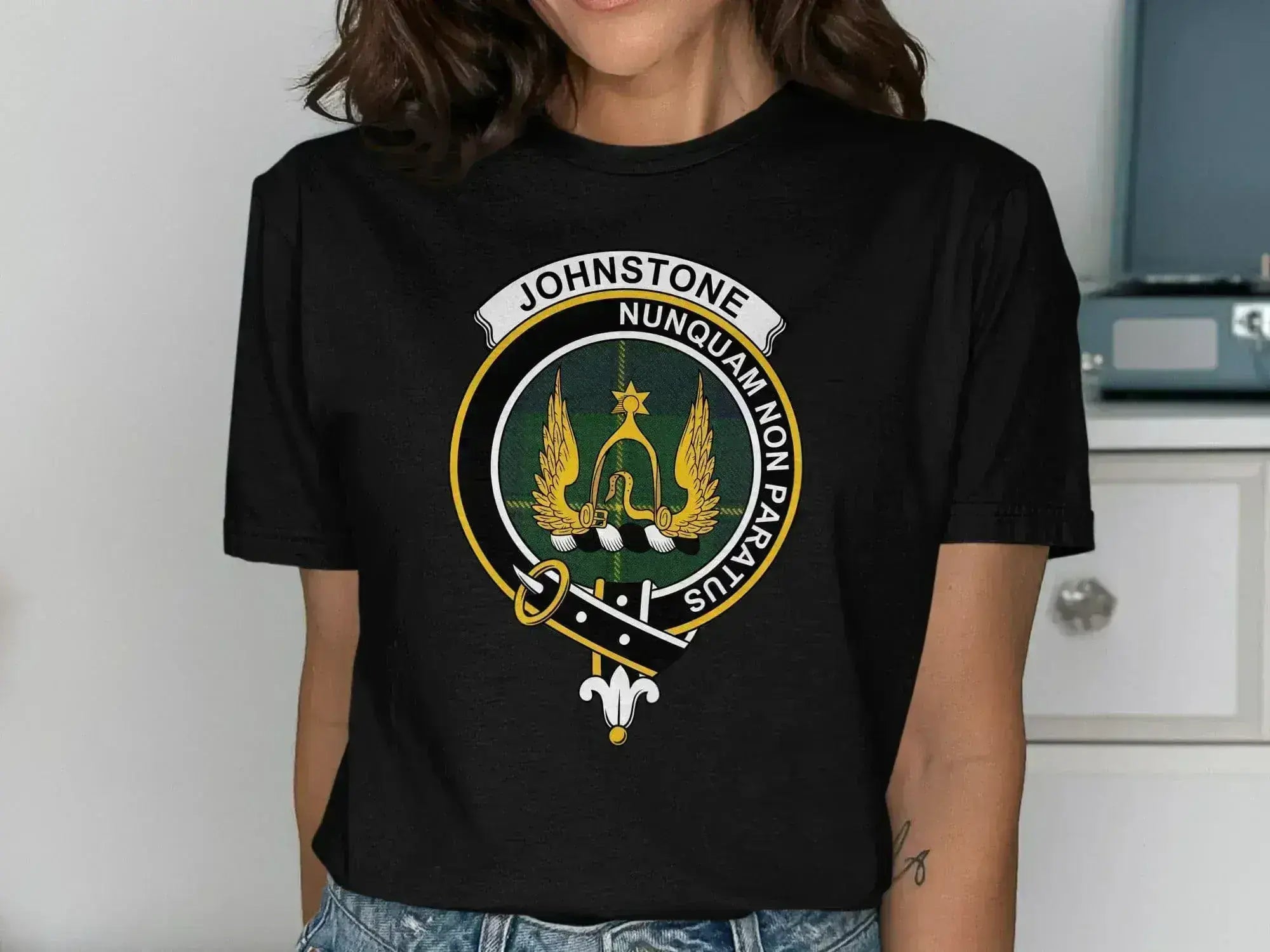 Johnstone Nunquam Non Paratus crest shirt — clan heraldic design on 100% cotton