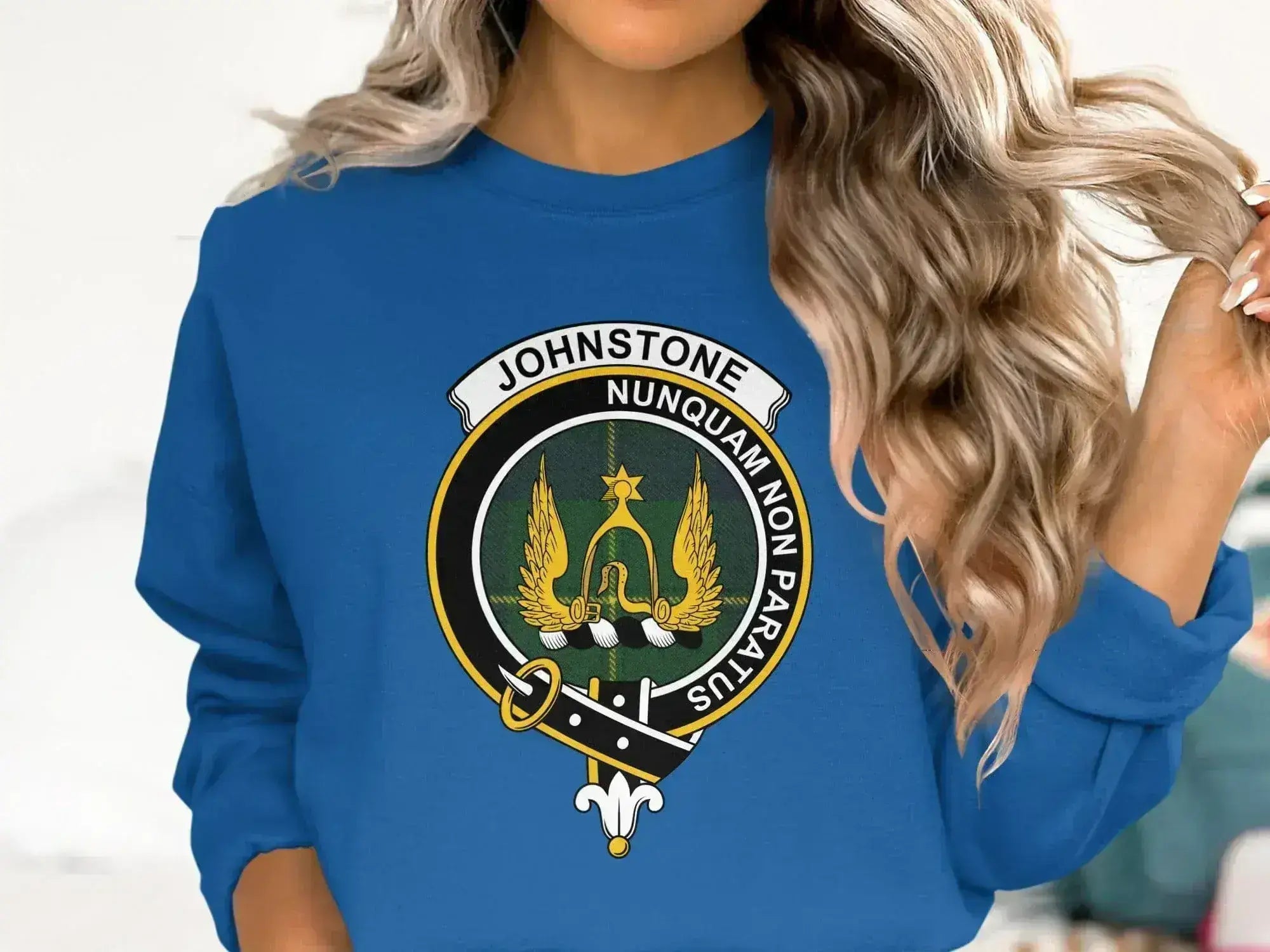 Johnstone Nunquam Non Paratus emblem sweatshirt — clan crest design on fleece fabric