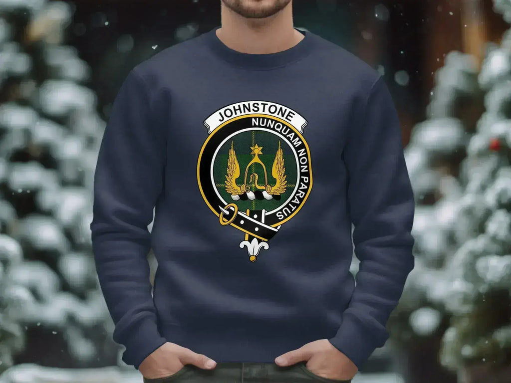 Clan Johnstone crest emblem design sweatshirt — Nunquam Non Paratus on fleece, laid flat