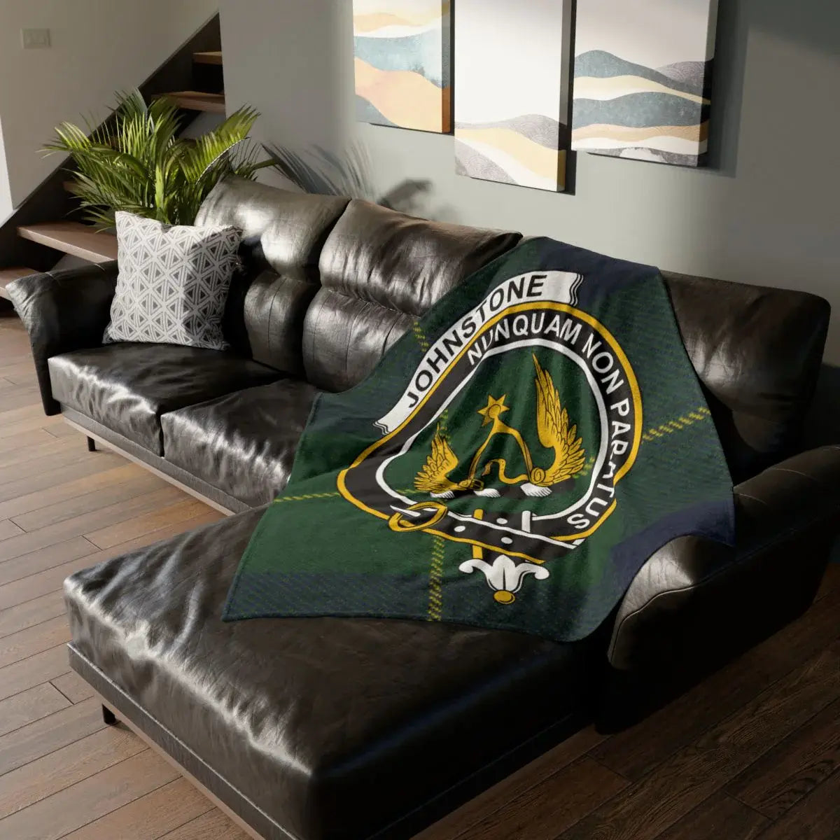 Johnstone clan crest tartan throw blanket — 50x60 polyester, Nunquam Non Paratus heraldic design