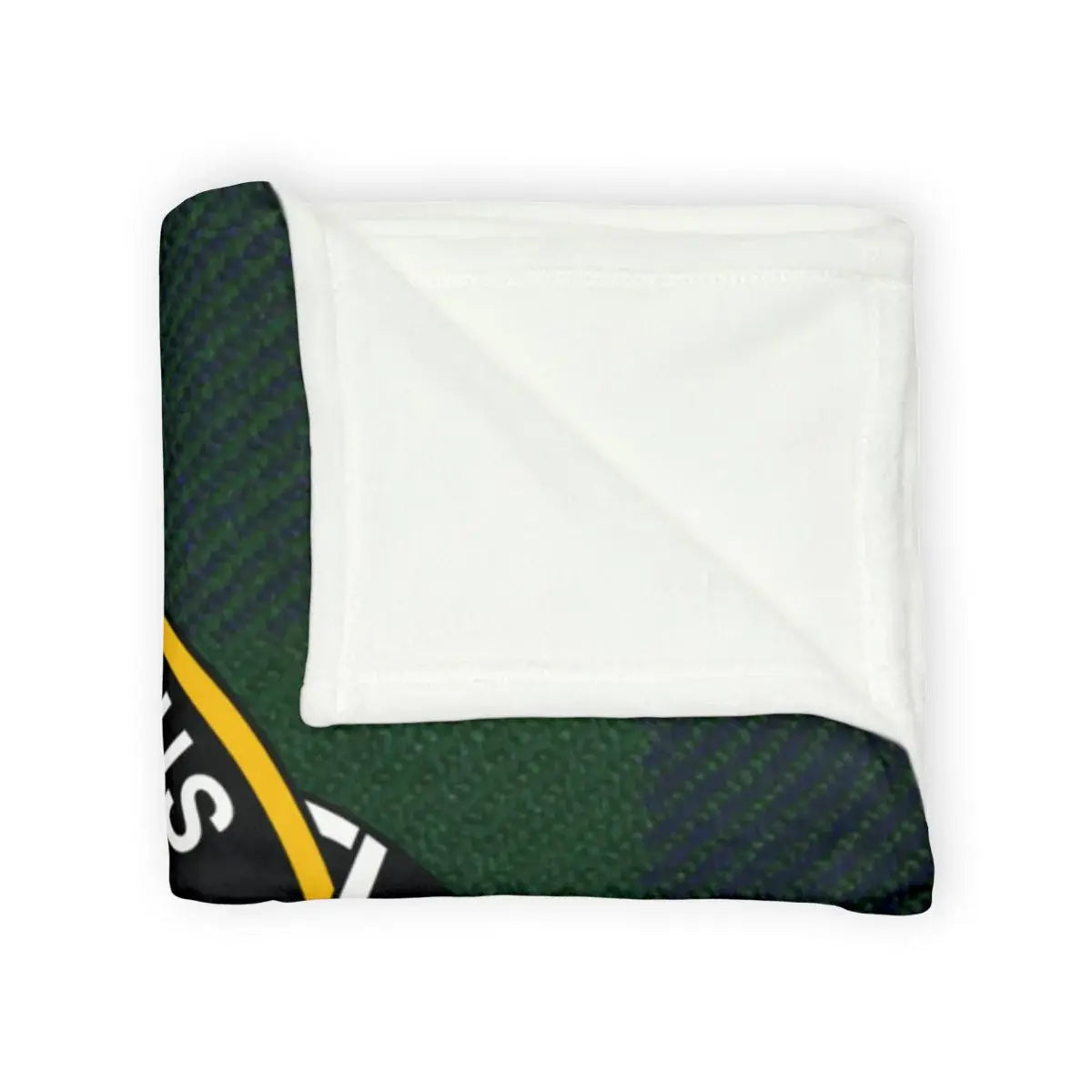 Johnstone clan crest throw blanket laid flat — cosy green tartan plaid on 100% polyester