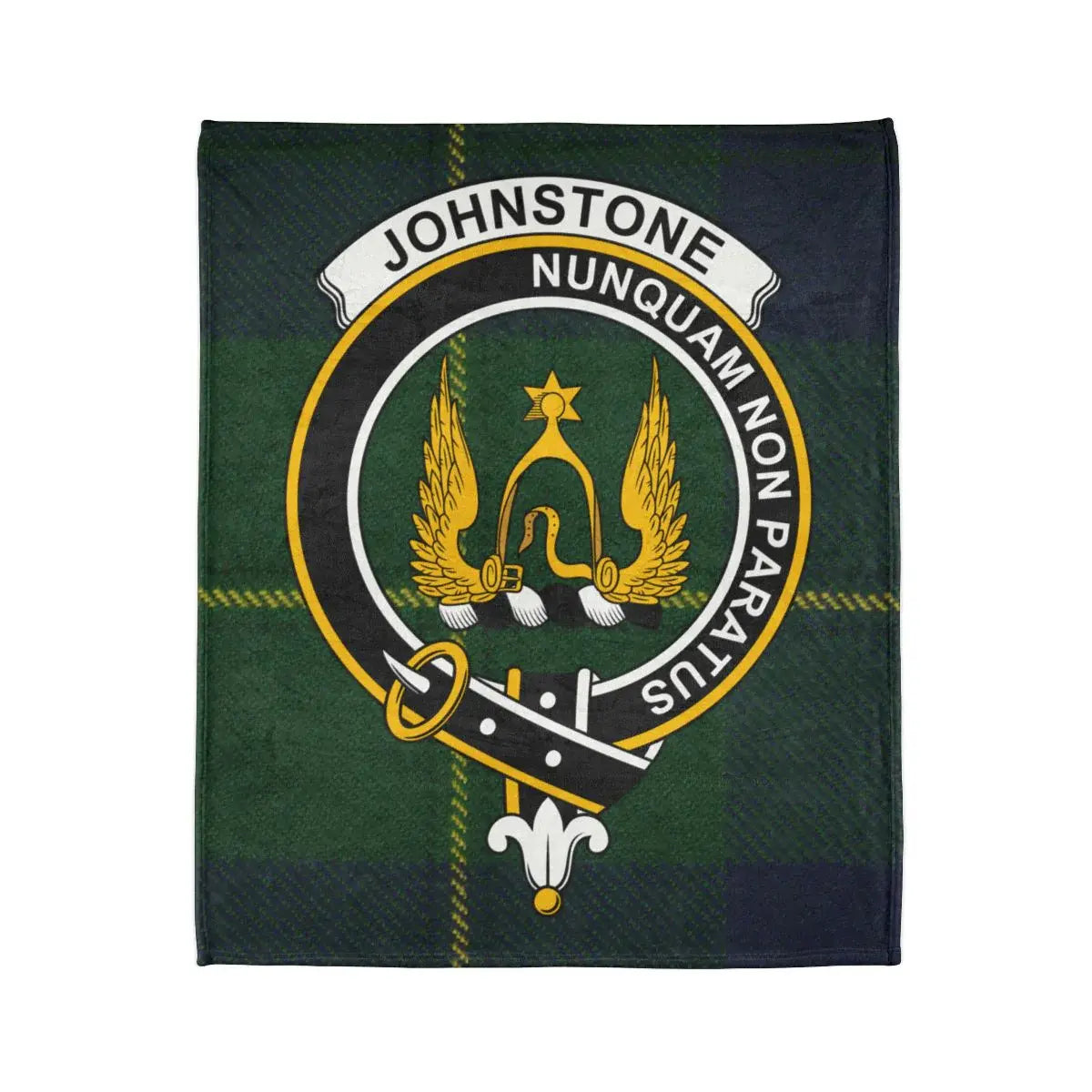 Johnstone Nunquam Non Paratus crest tartan blanket — Never Unprepared design on 50x60 polyester