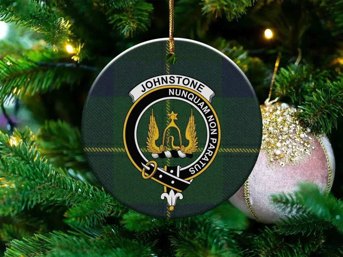 Johnstone clan tartan ceramic ornament — 3-inch round glossy disc with crest and Nunquam Non Paratus motto
