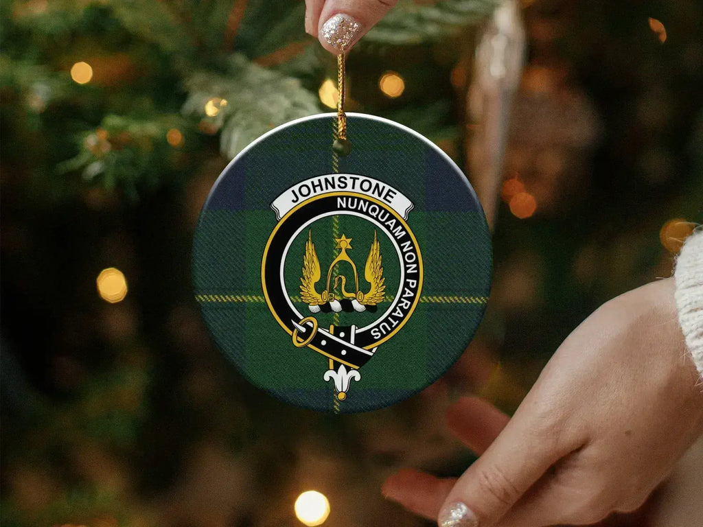 Johnstone clan crest Christmas ornament — Nunquam Non Paratus design on glossy 3-inch disc